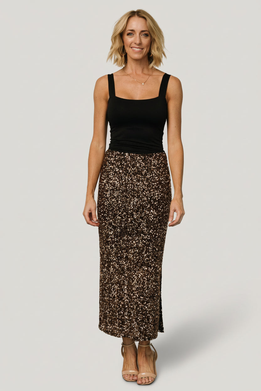 Charmed Sequin Midi Skirt | Bronze