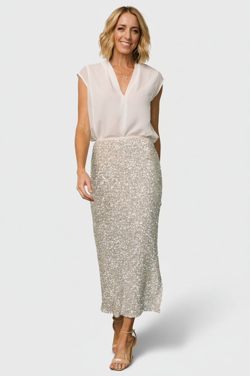 Charmed Sequin Midi Skirt | Champagne