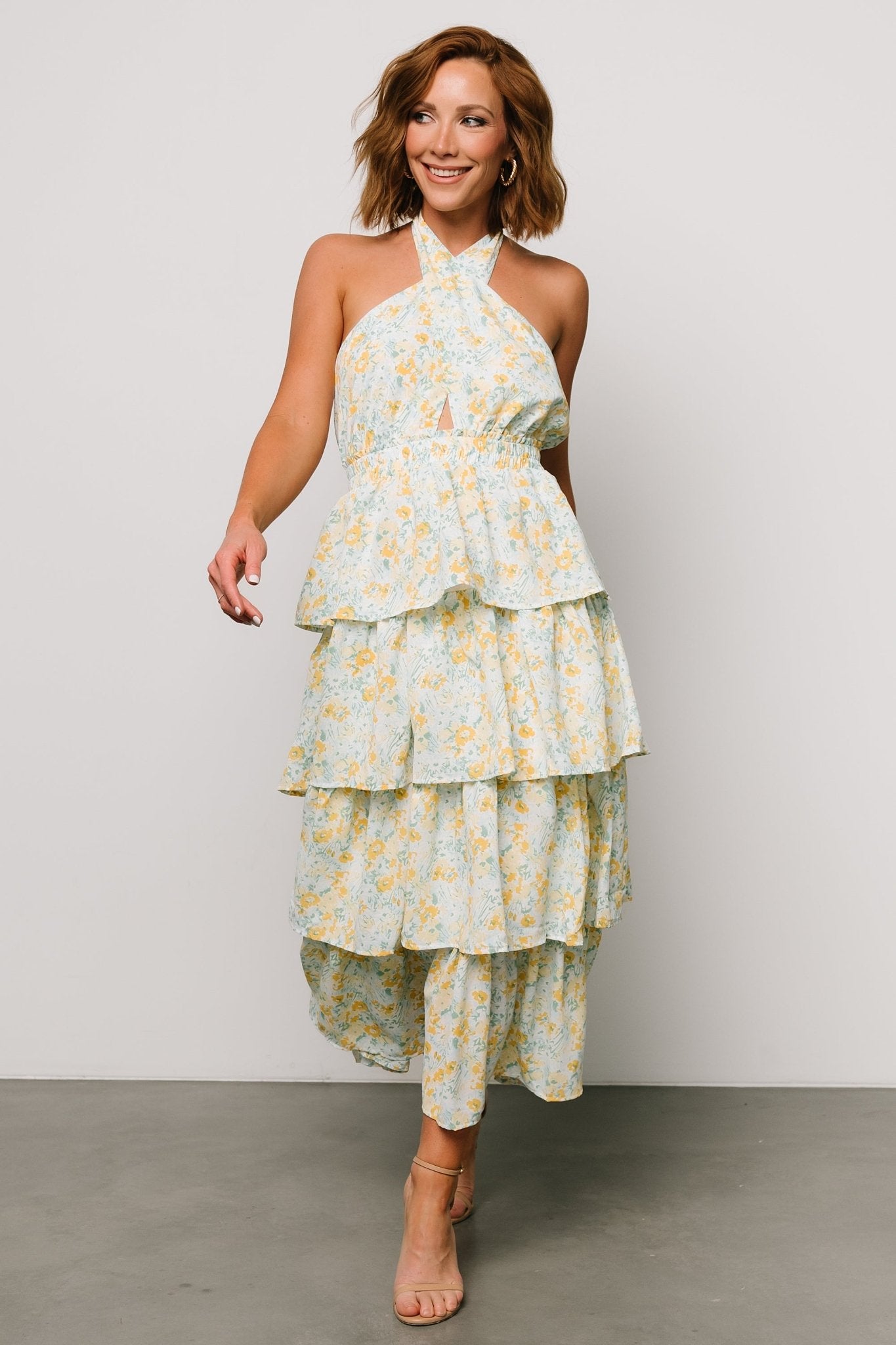 Chelles Halter Tiered Dress | Blue + Yellow - Baltic Born