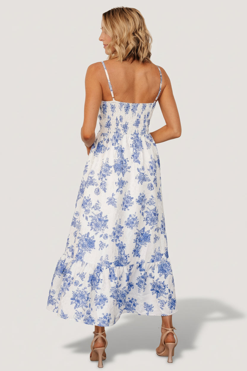 Cherie Jacquard Dress | Off White + Blue Floral