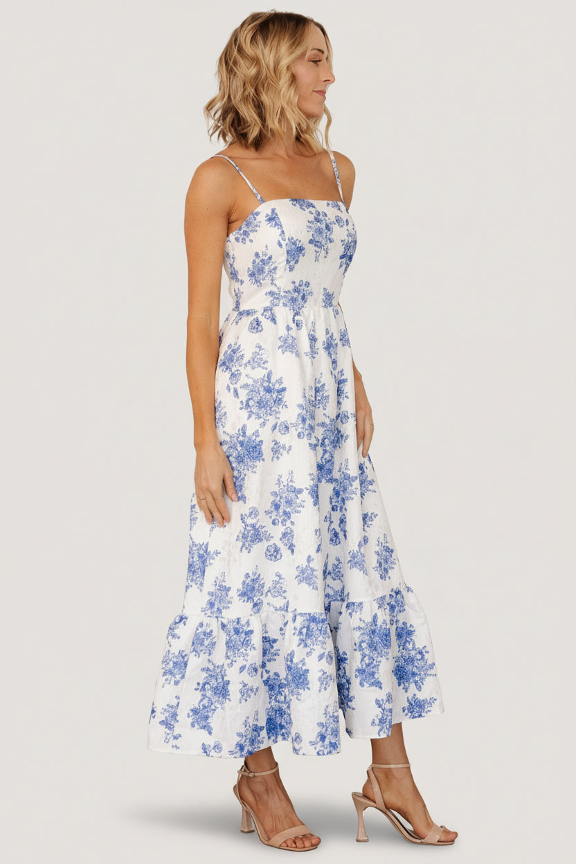 Baltic Born Womens Cherie Jacquard Dress | Off White + Blue Floral