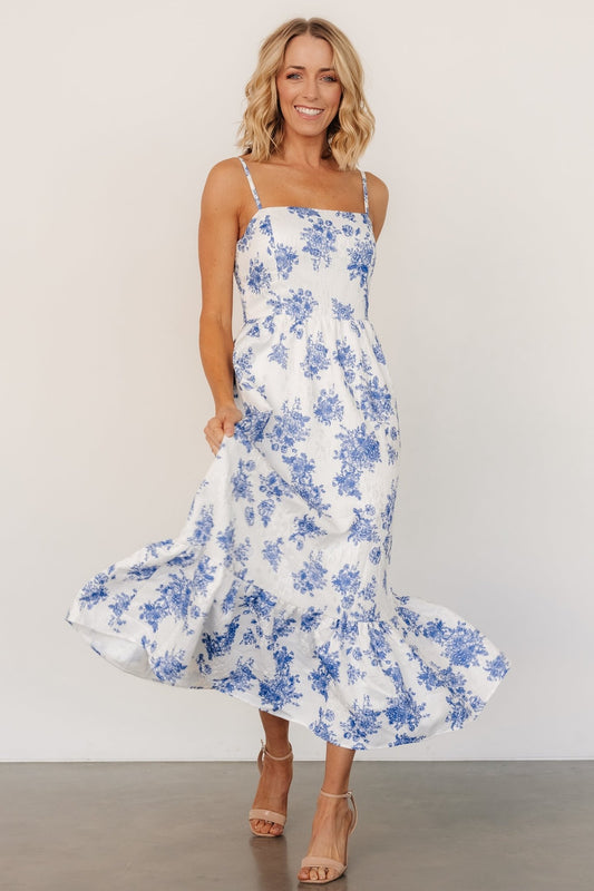 Cherie Jacquard Dress | Off White + Blue Floral - Baltic Born