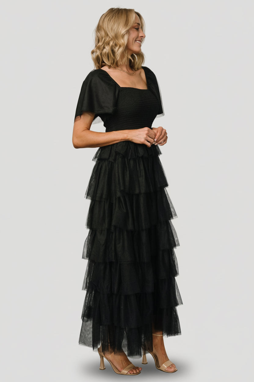 Cherise Tulle Tiered Maxi Dress — Black