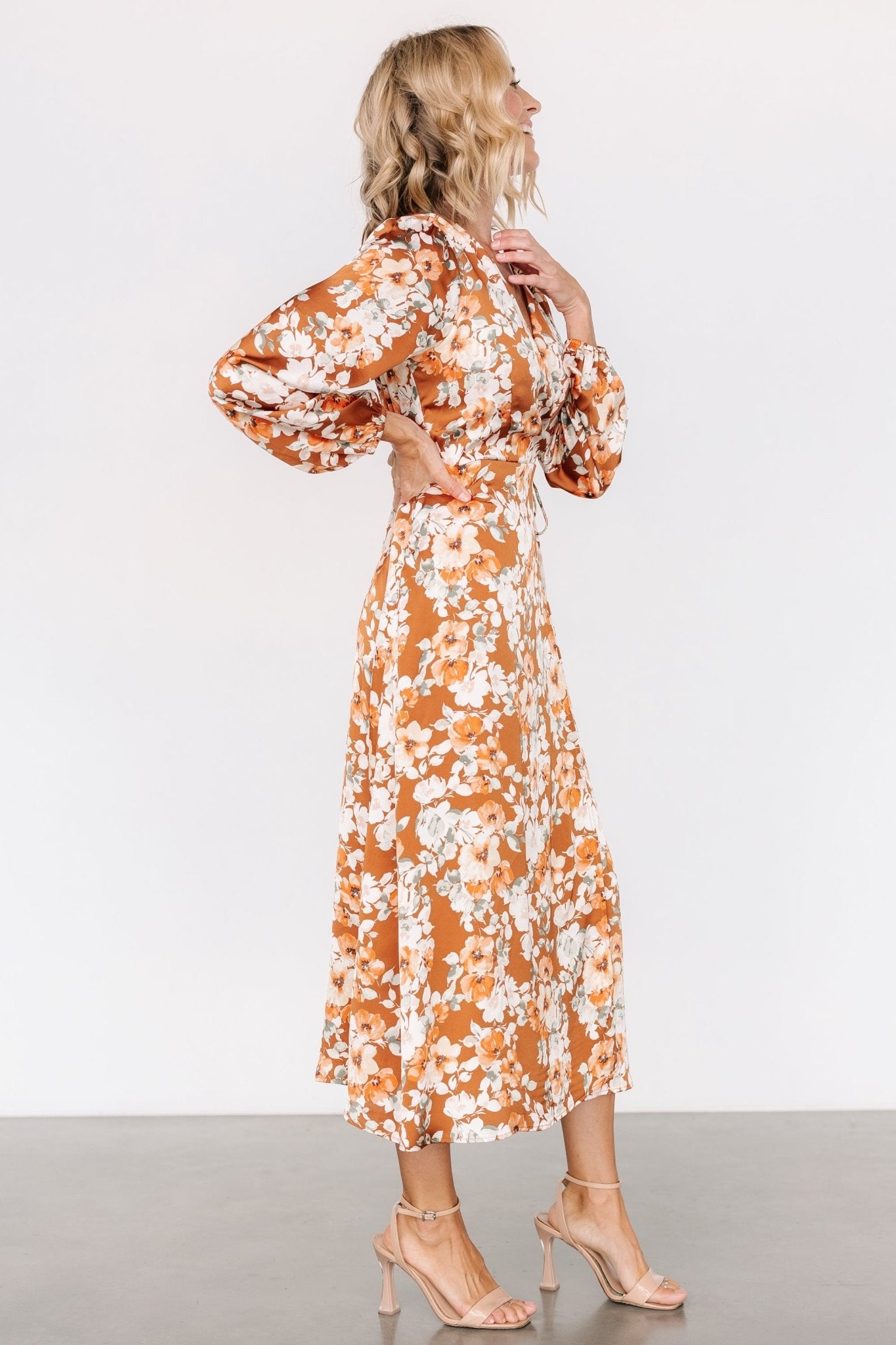 Clarissa Faux Wrap Midi Dress | Copper + Ivory - Baltic Born