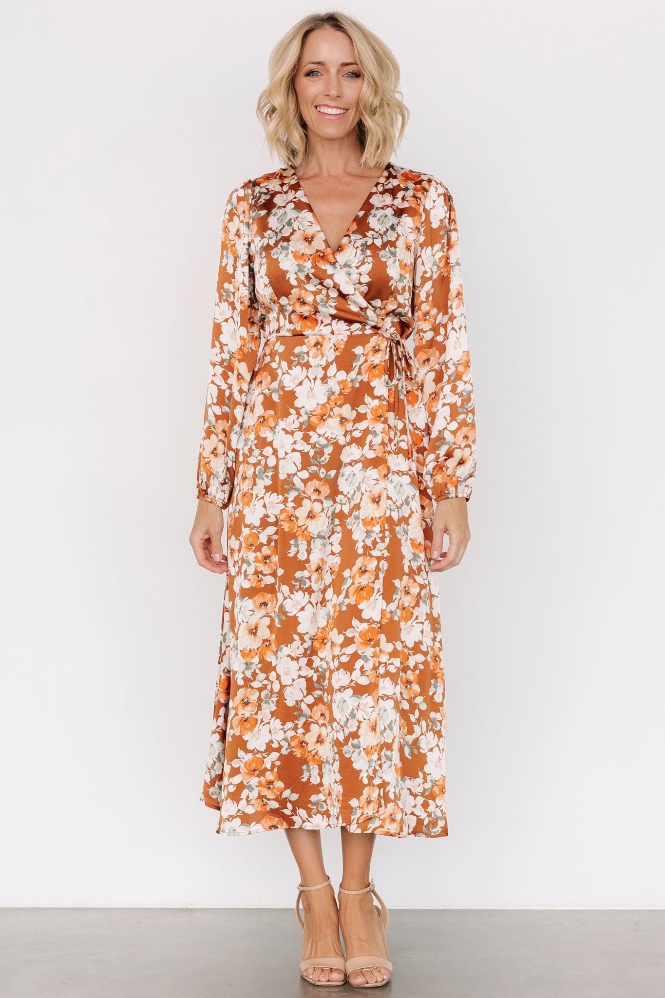 Clarissa Faux Wrap Midi Dress | Copper + Ivory - Baltic Born