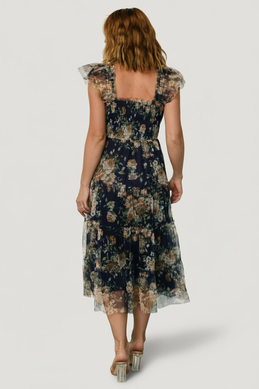 Baltic Born Womens Clementine Tulle Midi Dress | Blue + Golden Floral | Size: 2XL Baltic Born Womens Clementine Tulle Midi Dress | Blue + Golden Floral | Size: 2XL