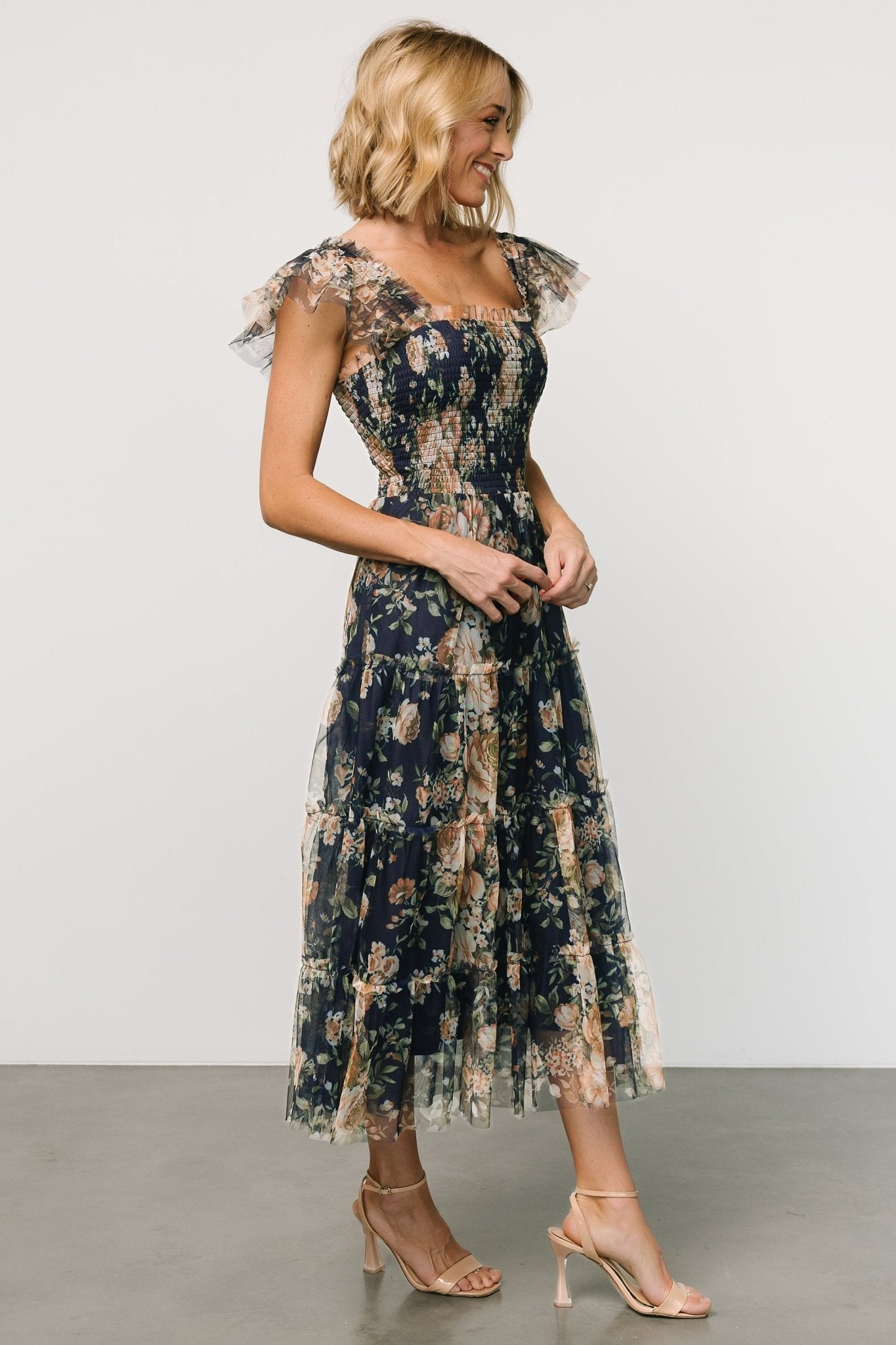 Clementine Tulle Midi Dress | Blue + Golden Floral - Baltic Born