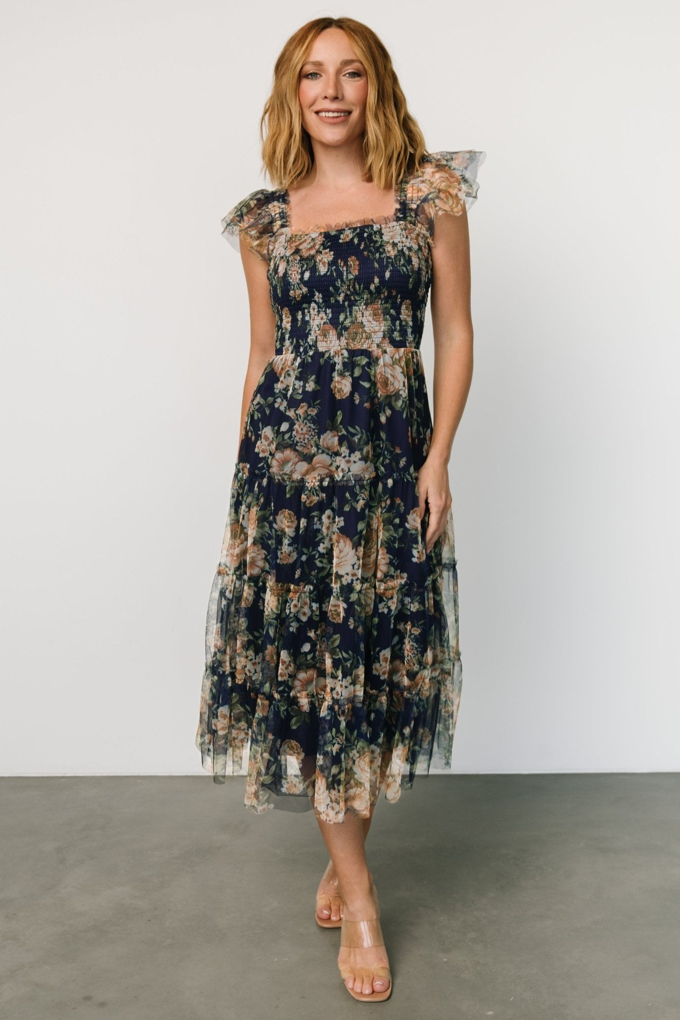 Clementine Tulle Midi Dress | Blue + Golden Floral - Baltic Born