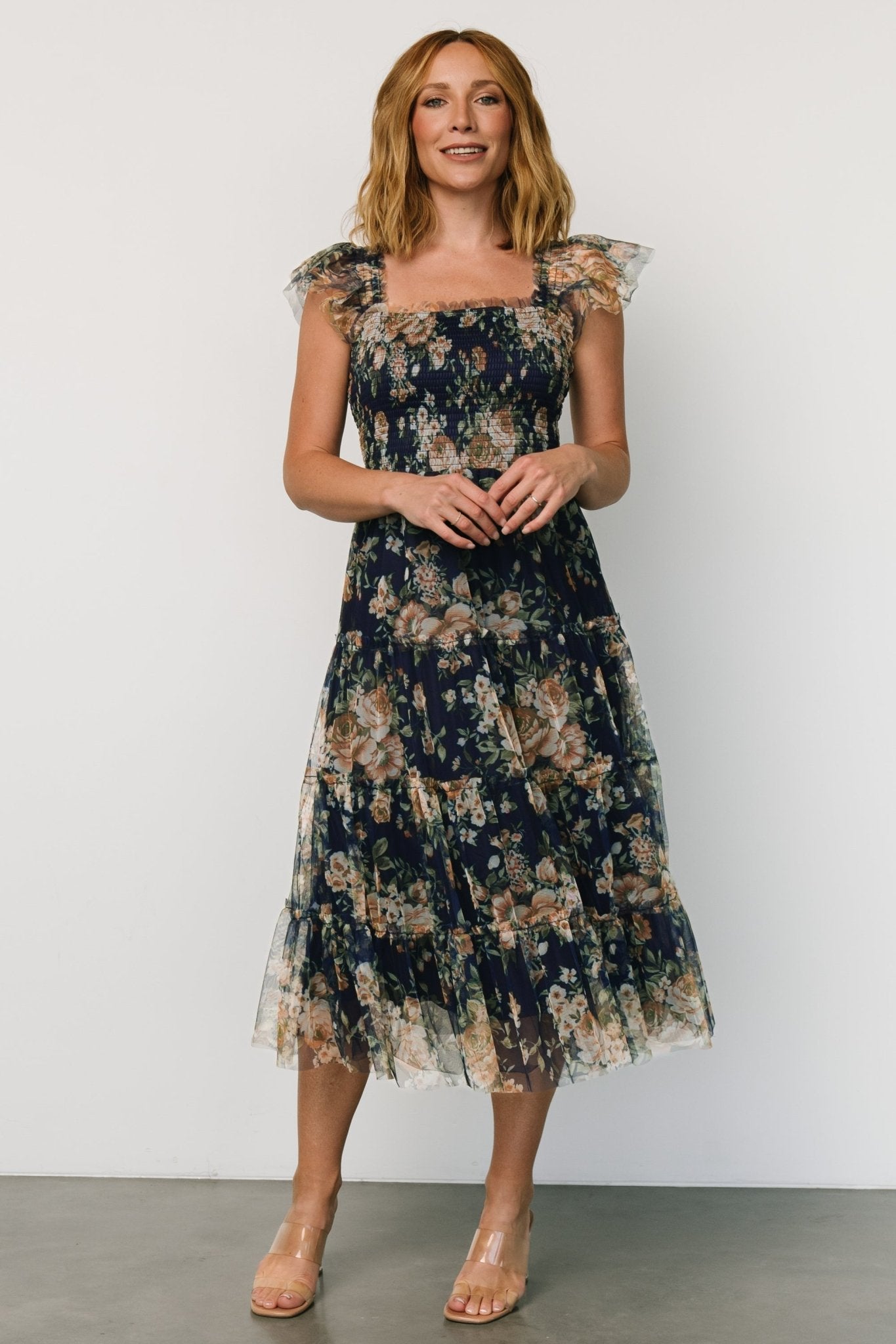 Clementine Tulle Midi Dress | Blue + Golden Floral - Baltic Born