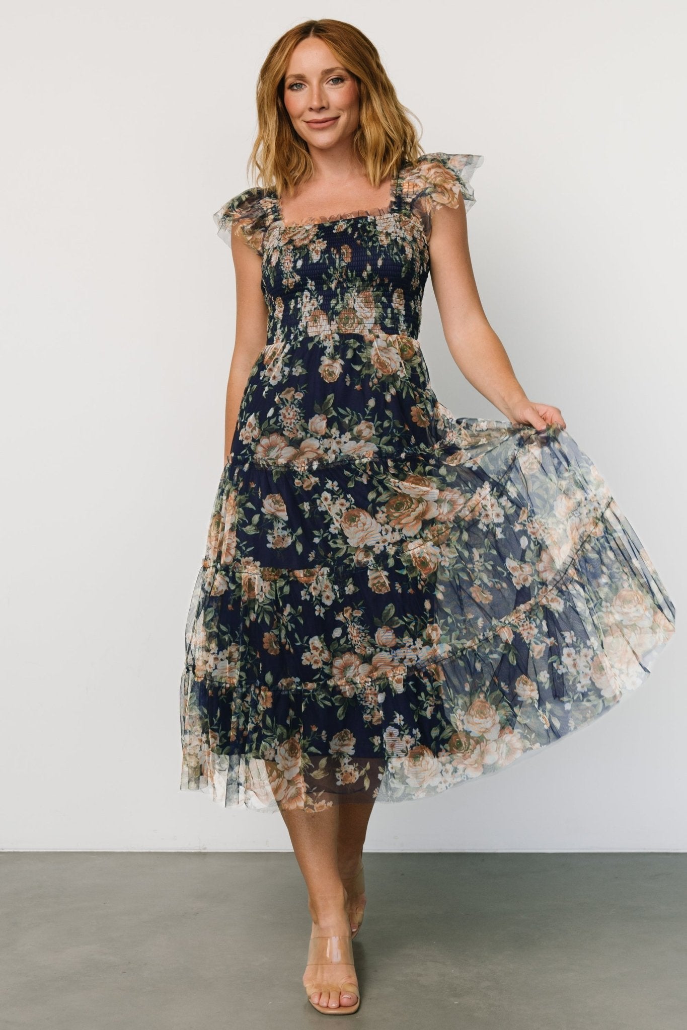 Clementine Tulle Midi Dress | Blue + Golden Floral - Baltic Born