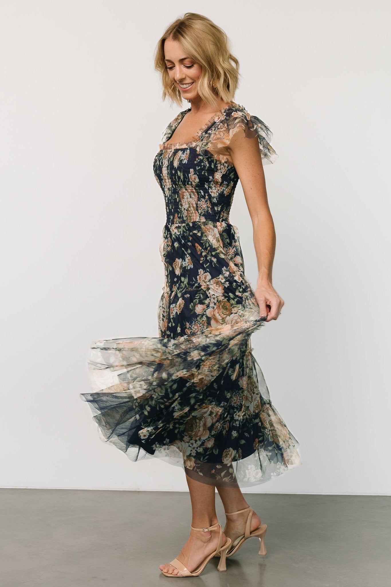 Clementine Tulle Midi Dress | Blue + Golden Floral - Baltic Born