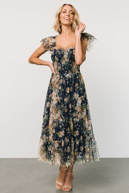 Clementine Tulle Midi Dress | Blue + Golden Floral - Baltic Born