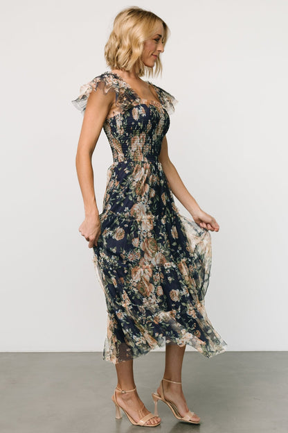 Clementine Tulle Midi Dress | Blue + Golden Floral - Baltic Born