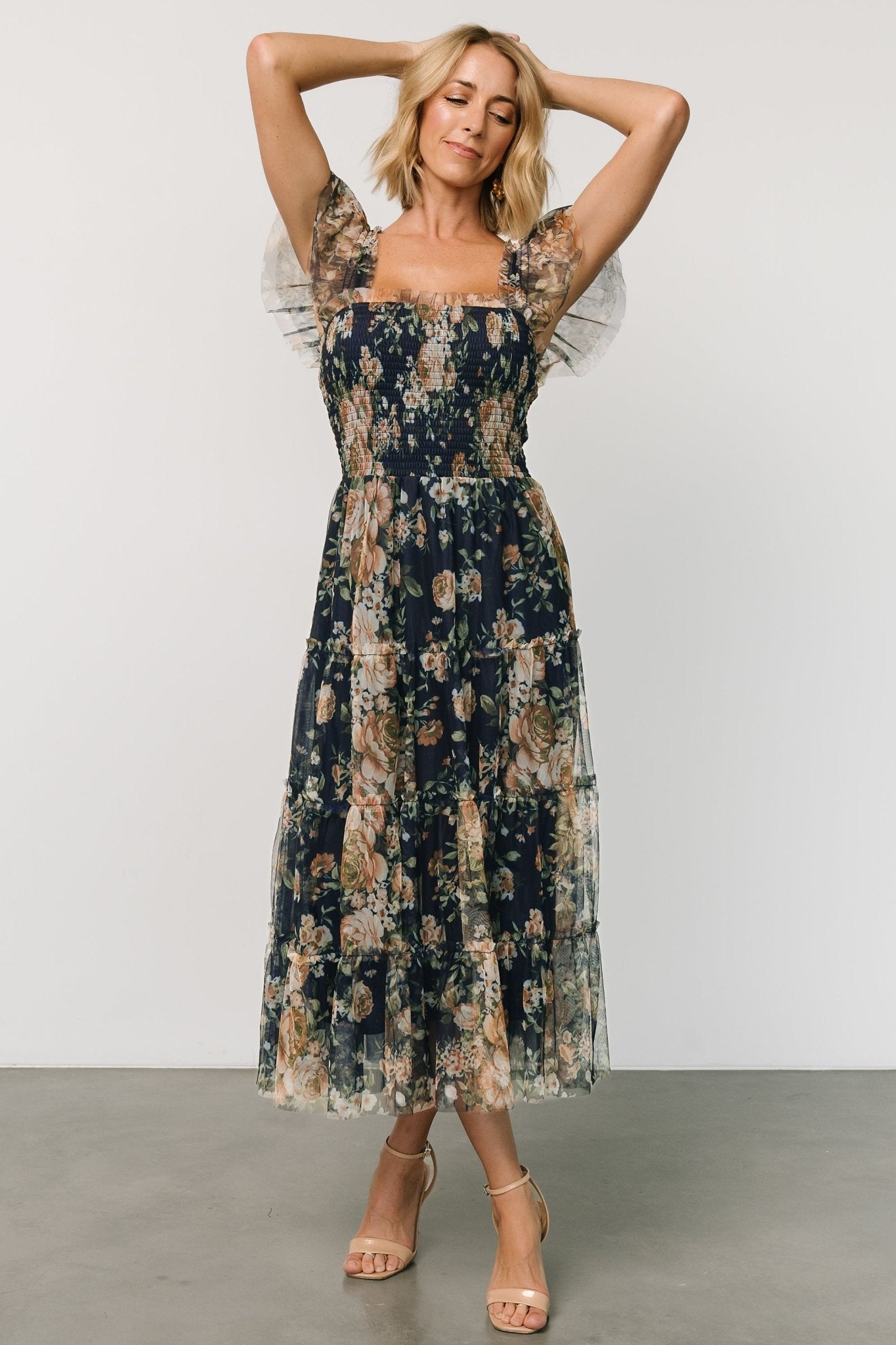 Clementine Tulle Midi Dress | Blue + Golden Floral - Baltic Born