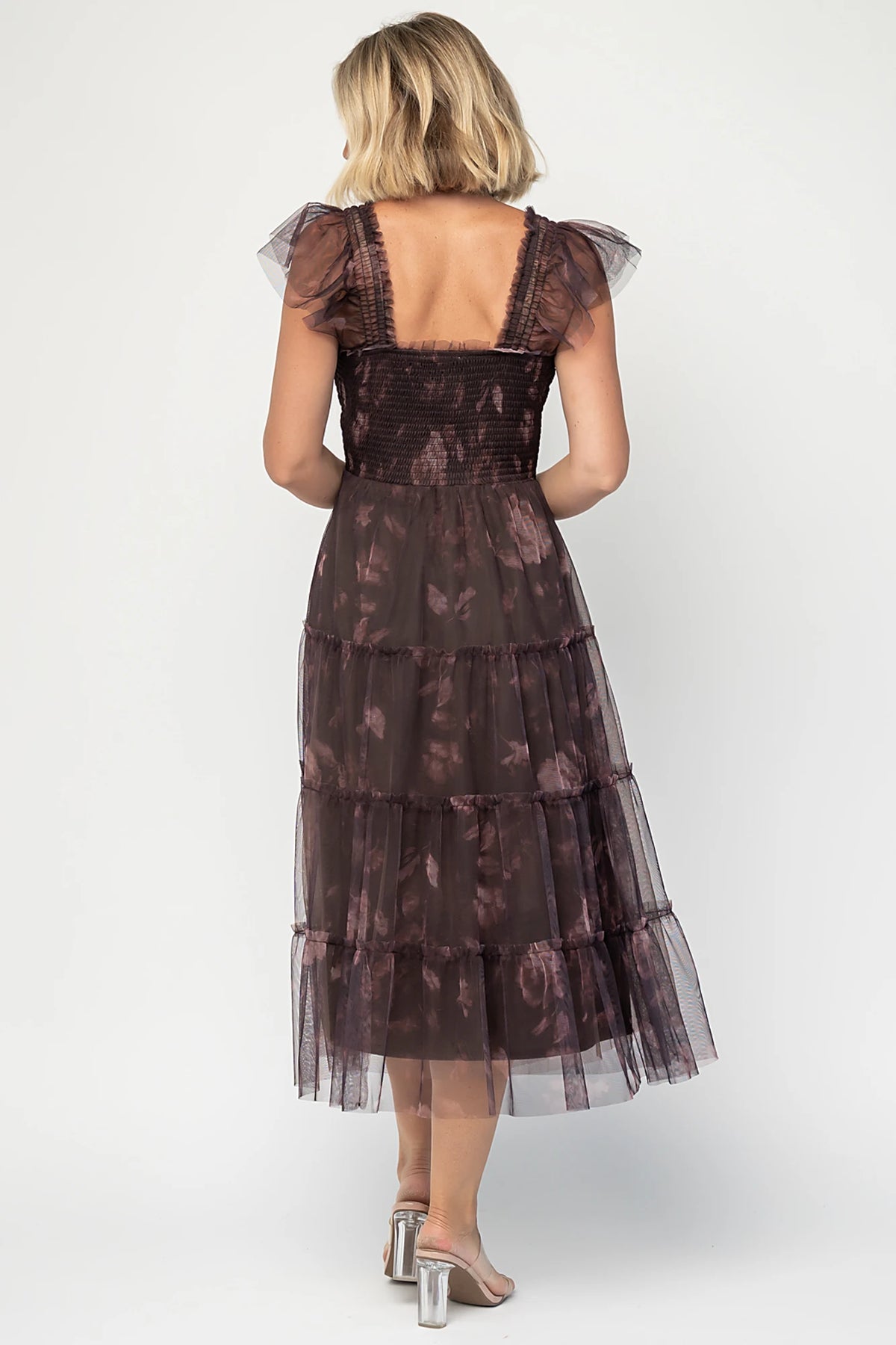 Clementine Tulle Midi Dress in Dark Clove Print with square neckline, smocked bodice, layered sleeves, and tiered tulle skirt.