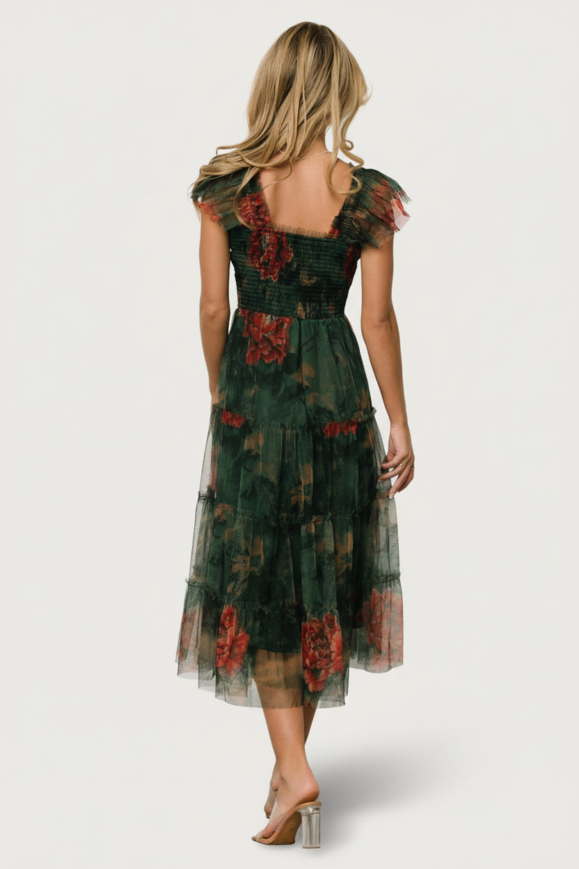 Clementine Tulle Midi Dress | Dark Green Floral