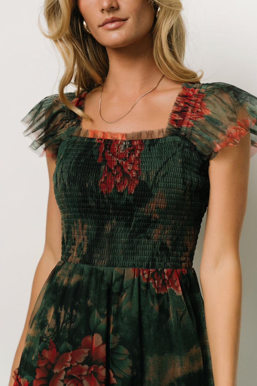 Clementine Tulle Midi Dress | Dark Green Floral