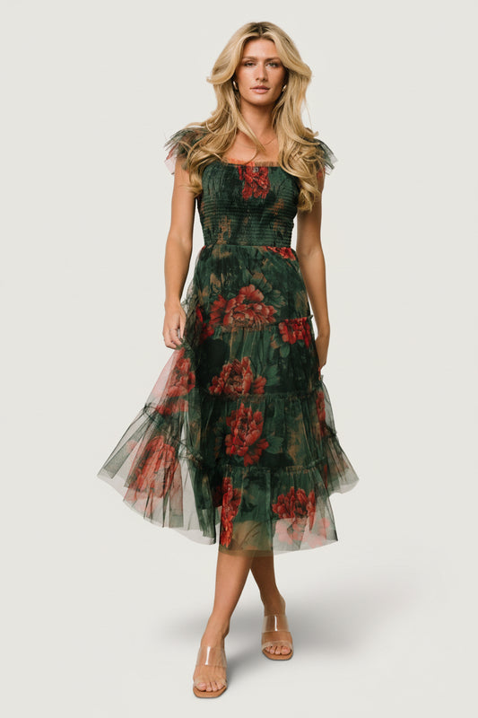 Baltic Born Womens Clementine Tulle Midi Dress | Dark Green Floral | Size: 3XL Baltic Born Womens Clementine Tulle Midi Dress | Dark Green Floral | Size: 3XL