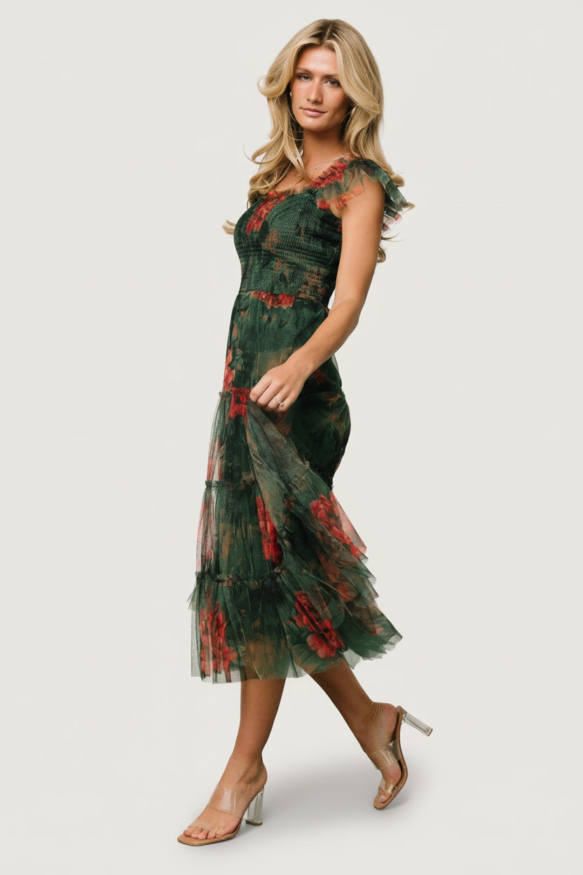 Clementine Tulle Midi Dress | Dark Green Floral