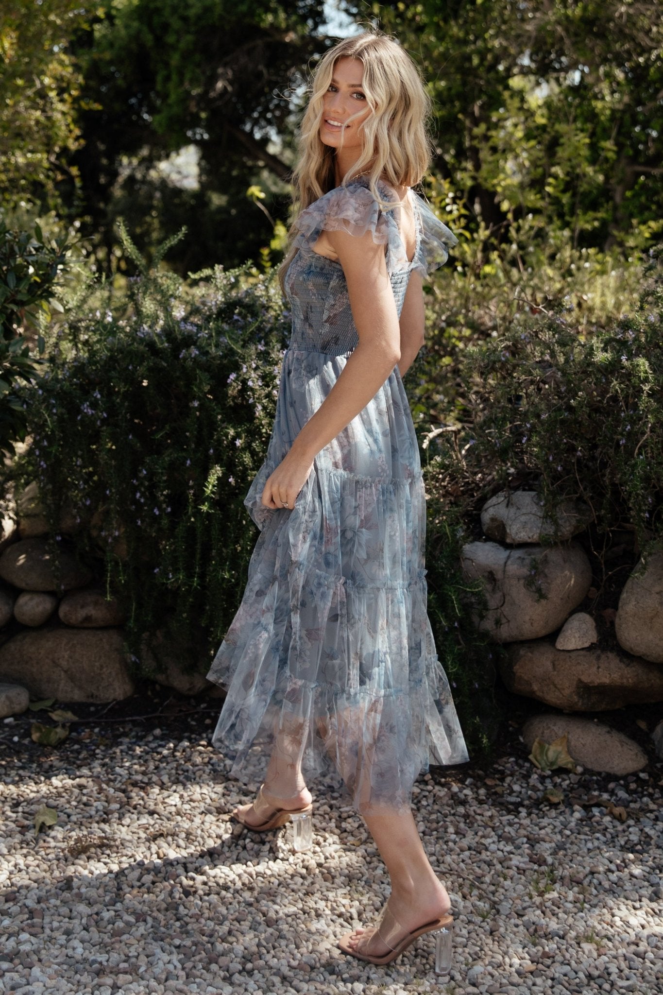 Clementine Tulle Midi Dress - Dusty Blue Floral