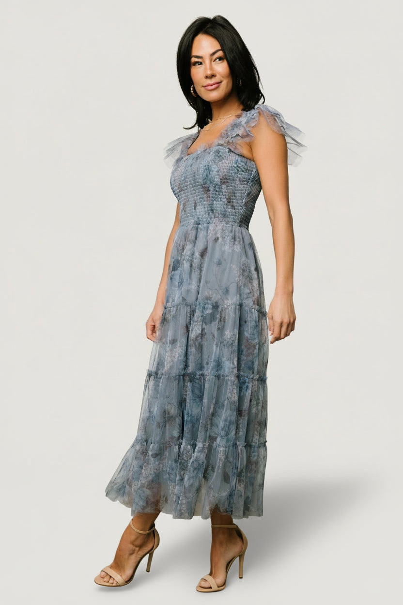 Clementine Tulle Midi Dress | Dusty Blue Floral