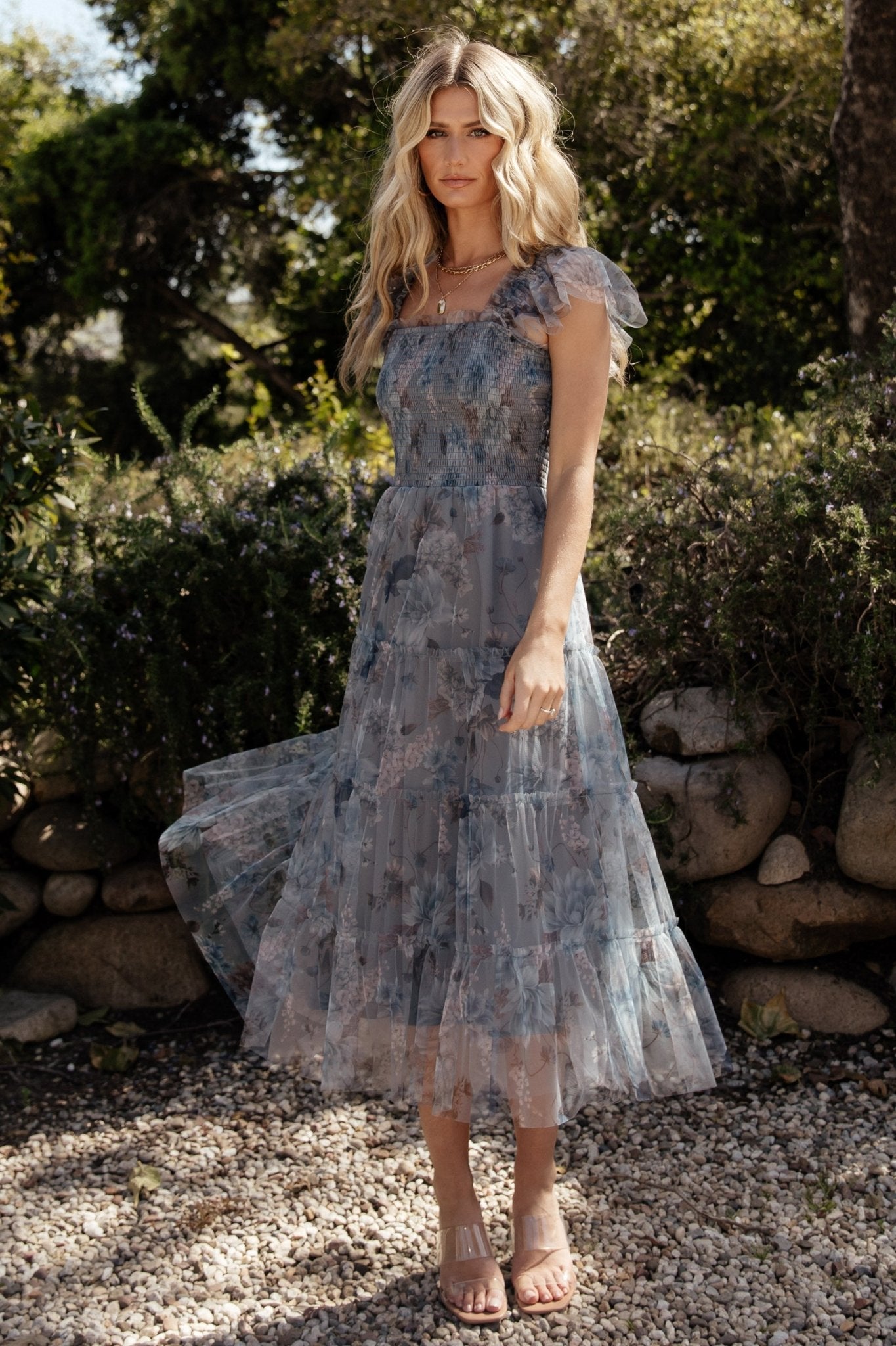 Clementine Tulle Midi Dress | Dusty Blue Floral