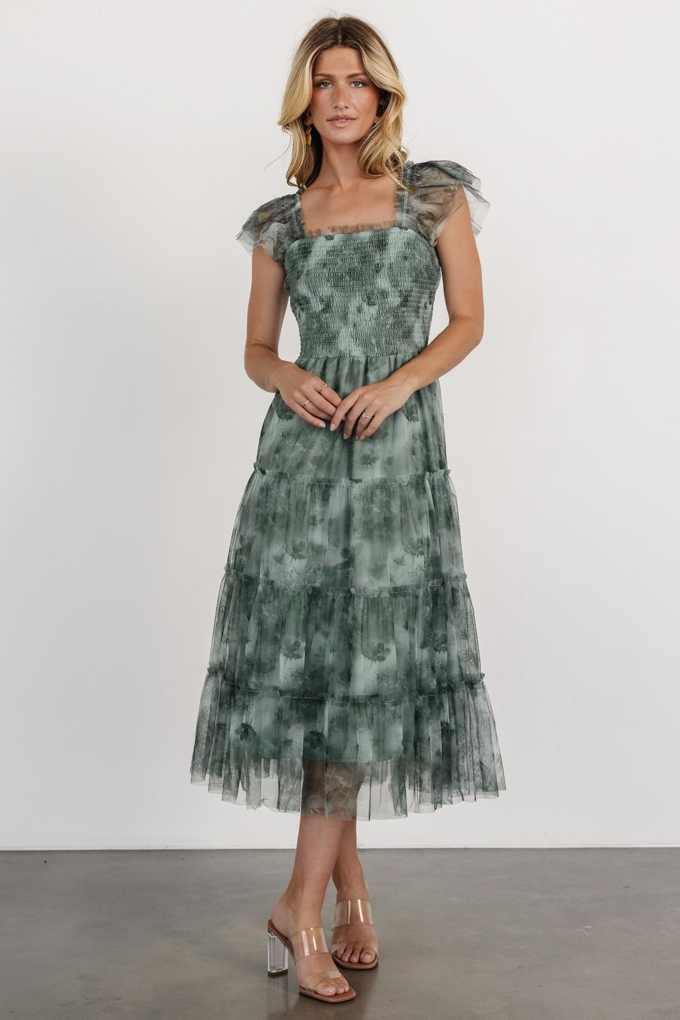 Clementine Tulle Midi Dress | Dusty Green Print - Baltic Born