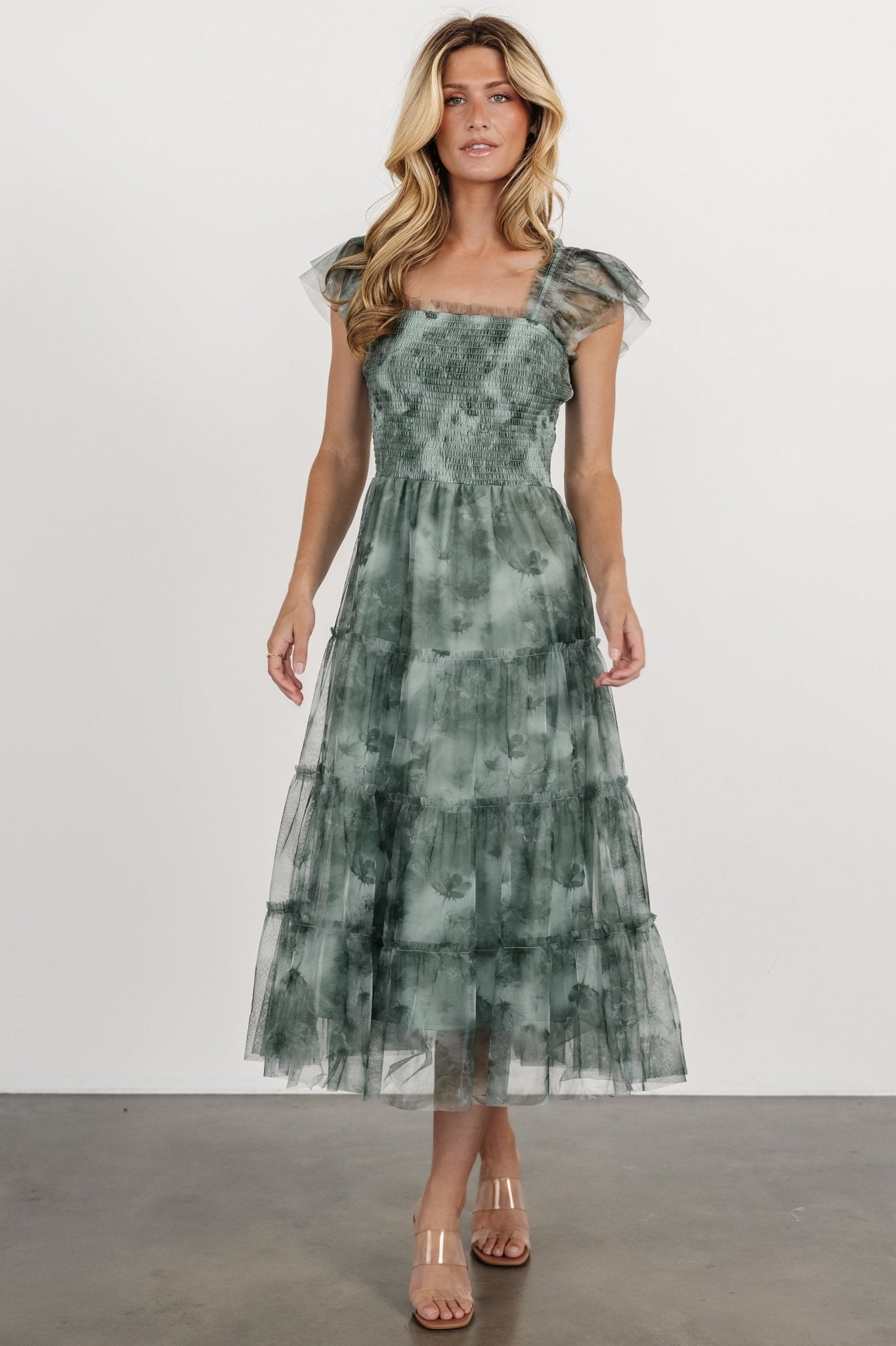 Clementine Tulle Midi Dress | Dusty Green Print - Baltic Born