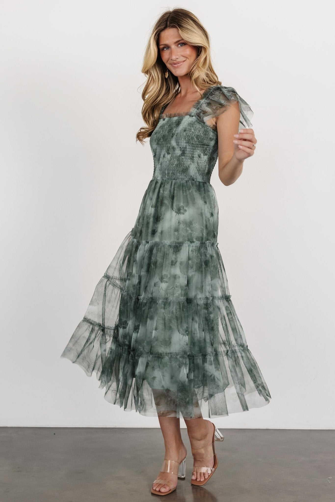 Clementine Tulle Midi Dress | Dusty Green Print - Baltic Born