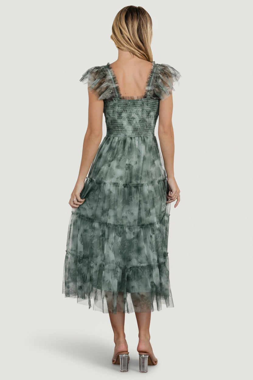 Floral Tulle Gown Dusty Green
