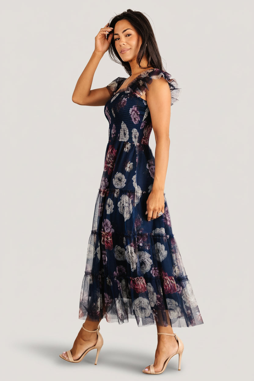 Clementine Tulle Midi Dress | Navy Floral