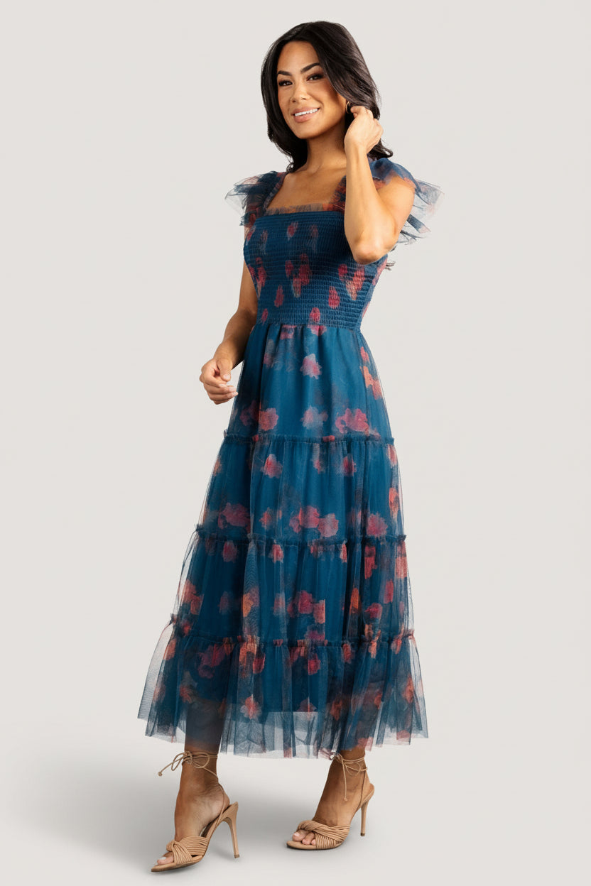 Clementine Tulle Midi Dress | Persian Blue + Rust