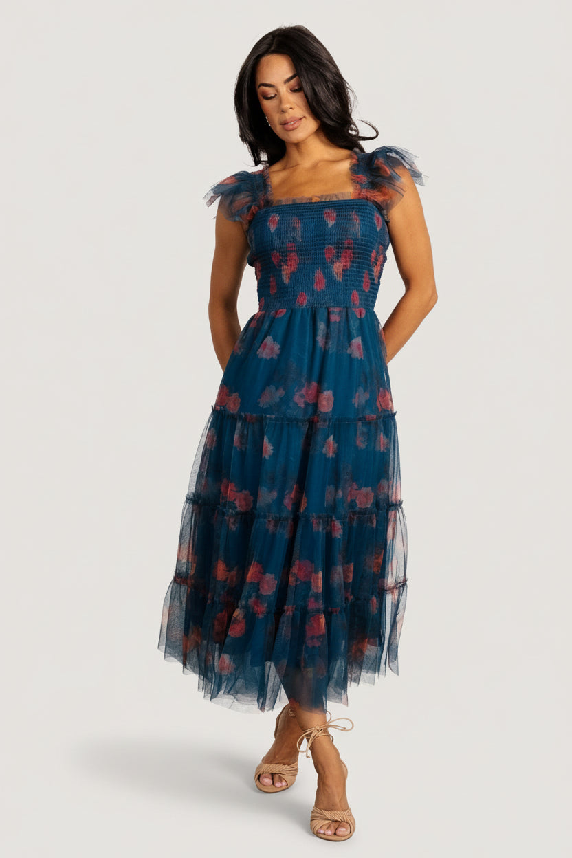 chinese dress ladies Baltic Born Womens Clementine Tulle Midi Dress | Persian Blue + Rust