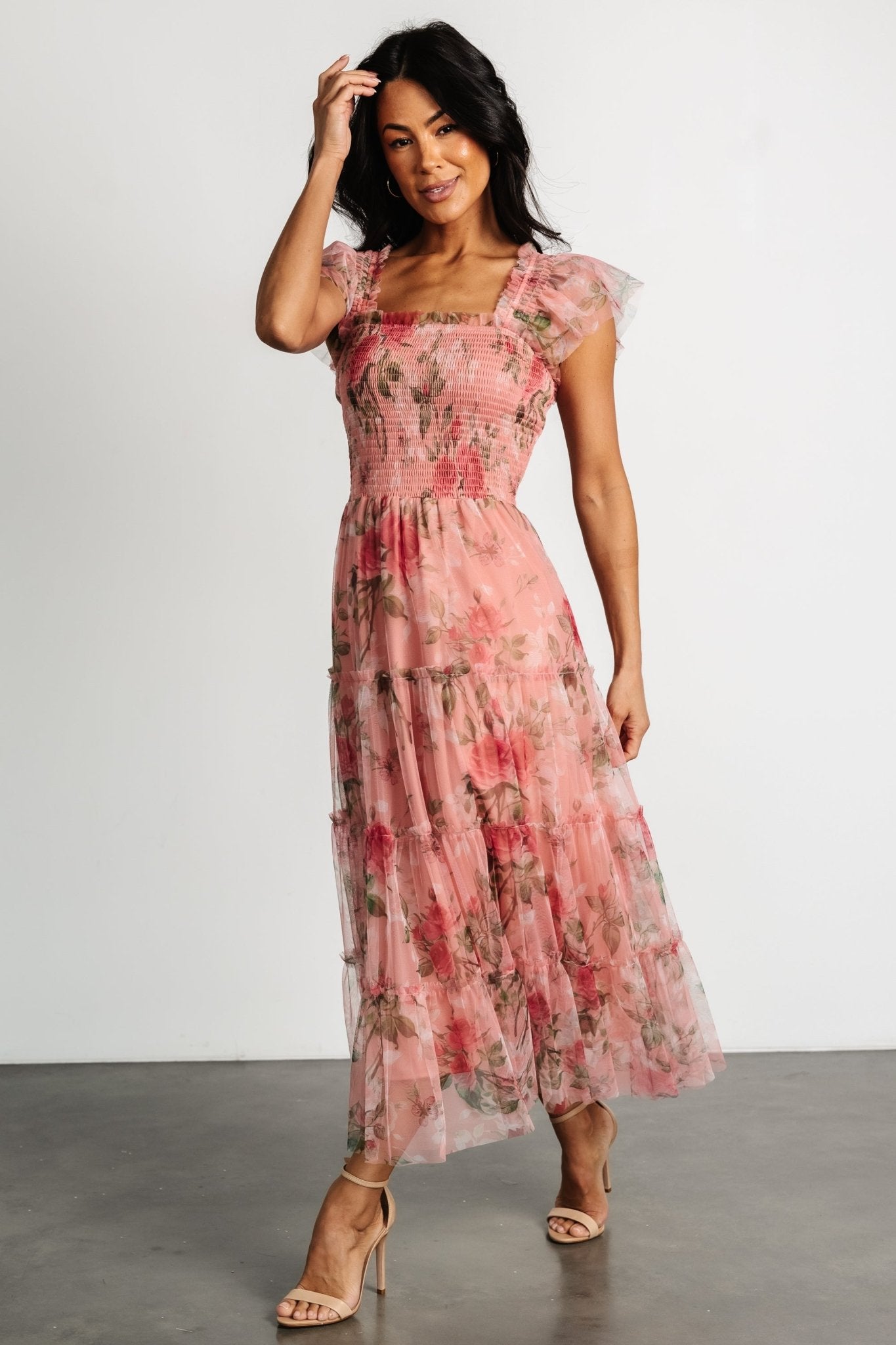 Clementine Tulle Midi Dress | Pink Rose Floral - Baltic Born