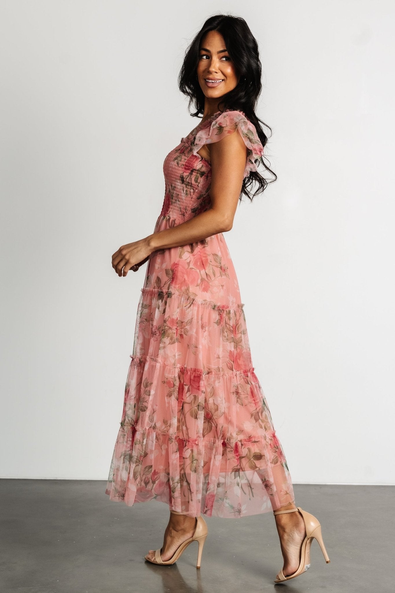 Clementine Tulle Midi Dress | Pink Rose Floral - Baltic Born