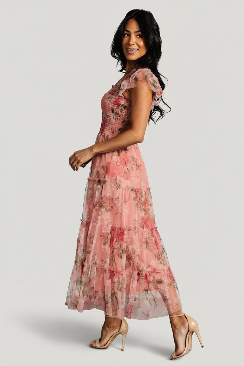 Clementine Tulle Midi Dress | Pink Rose Floral