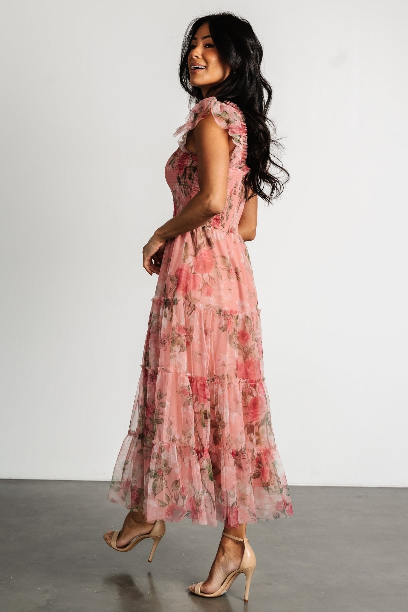 Clementine Tulle Midi Dress | Pink Rose Floral