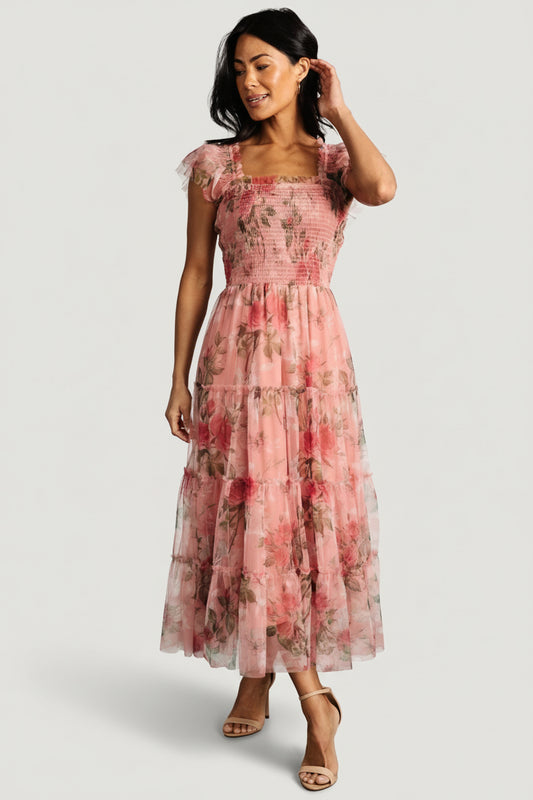Clementine Tulle Midi Dress | Pink Rose Floral
