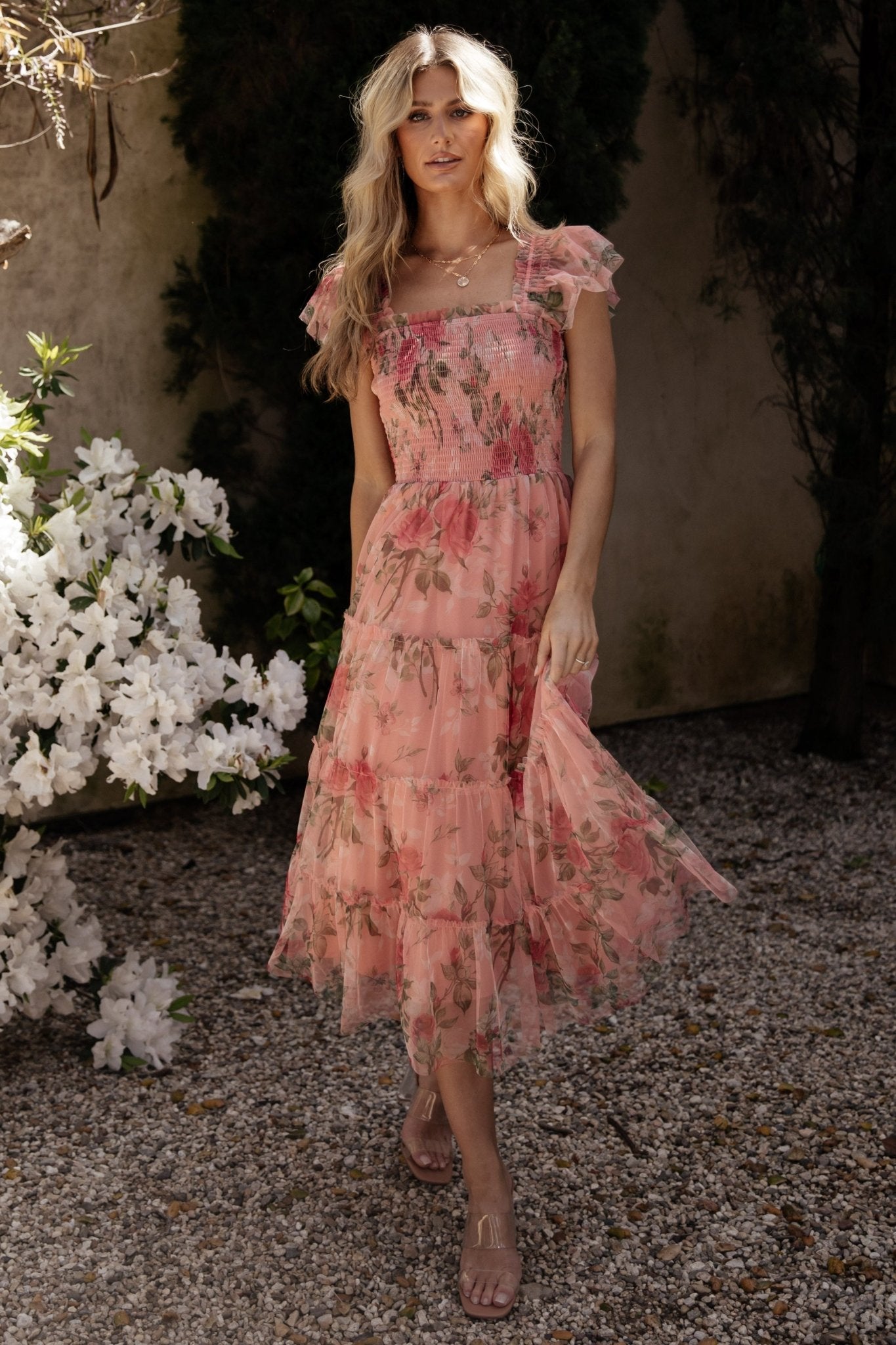 Clementine Tulle Midi Dress | Pink Rose Floral - Baltic Born