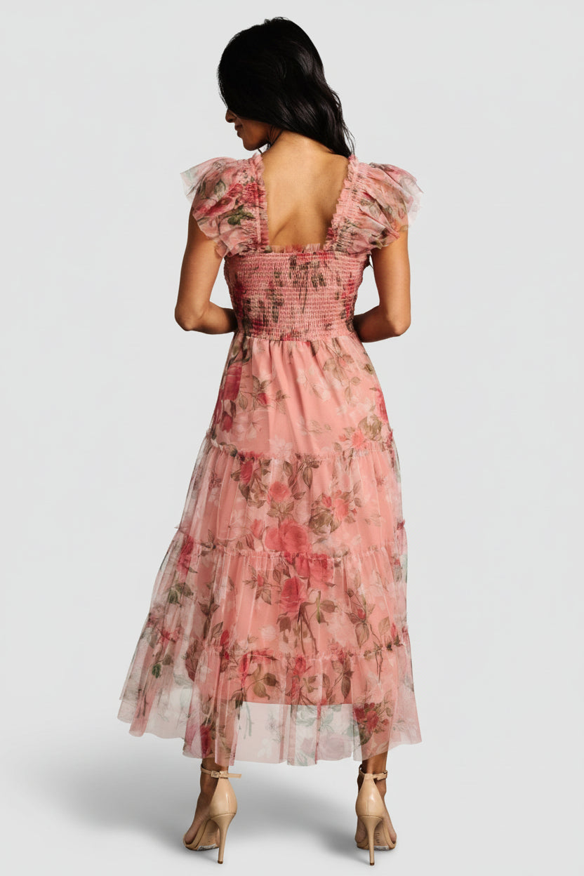 Clementine Tulle Midi Dress | Pink Rose Floral