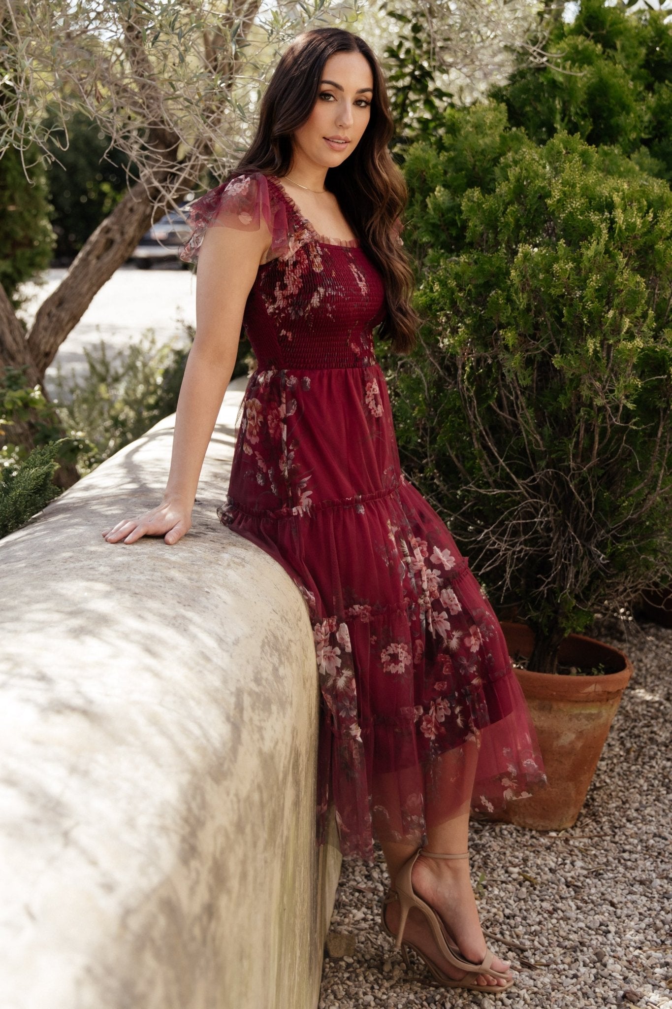 Clementine Tulle Midi Dress Wine Multi