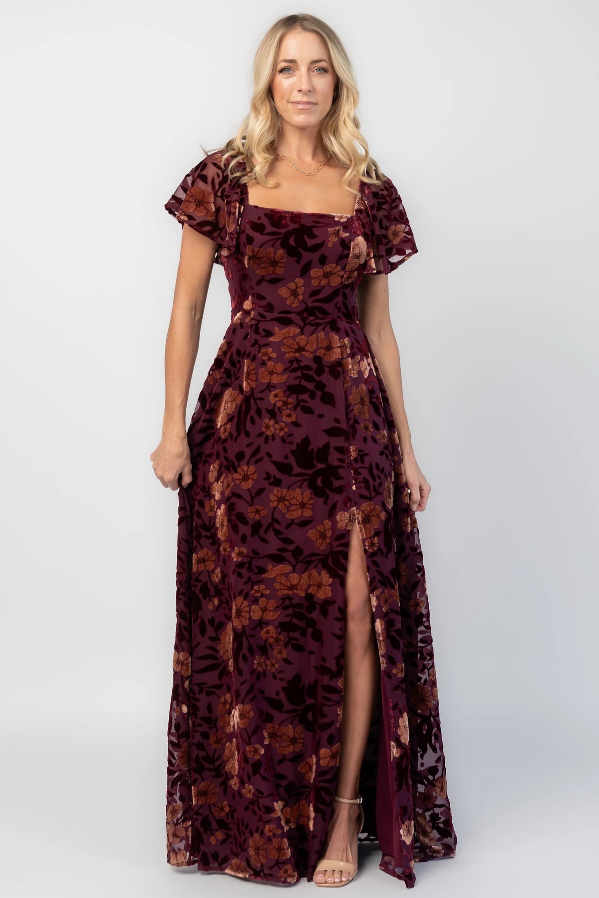 Clio Maxi Dress in Mulberry + Gold Floral with square neckline, flutter sleeves, and empire waist.