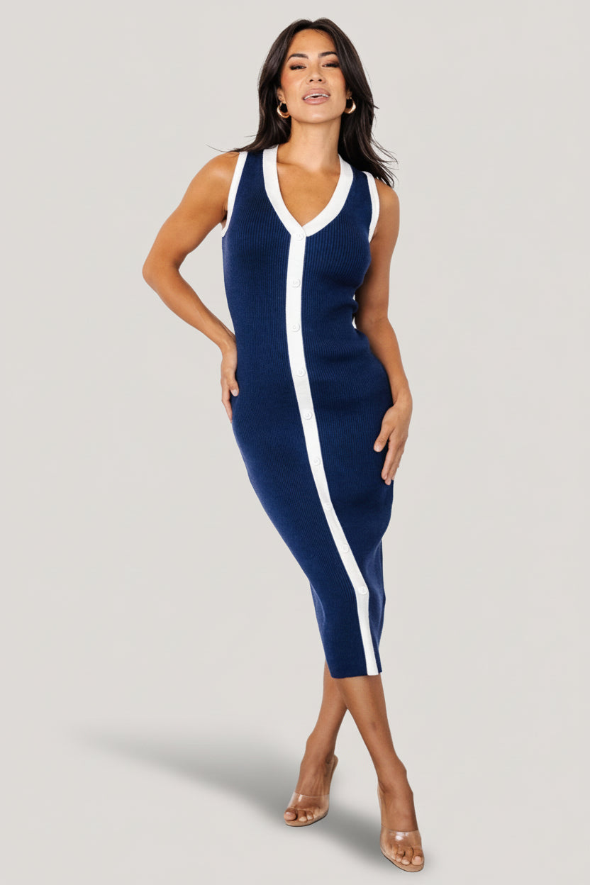 Coley Ribbed Button Dress | Navy + Off White