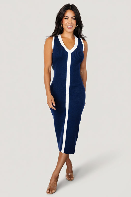 Coley Ribbed Button Dress | Navy + Off White