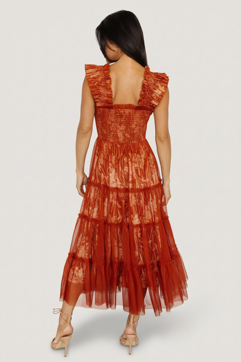 Cora Smocked Tulle Dress | Rust Floral