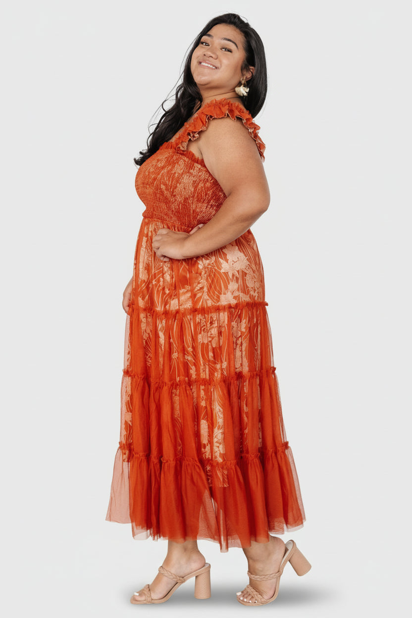 Baltic Born Womens Cora Smocked Tulle Dress | Rust Floral