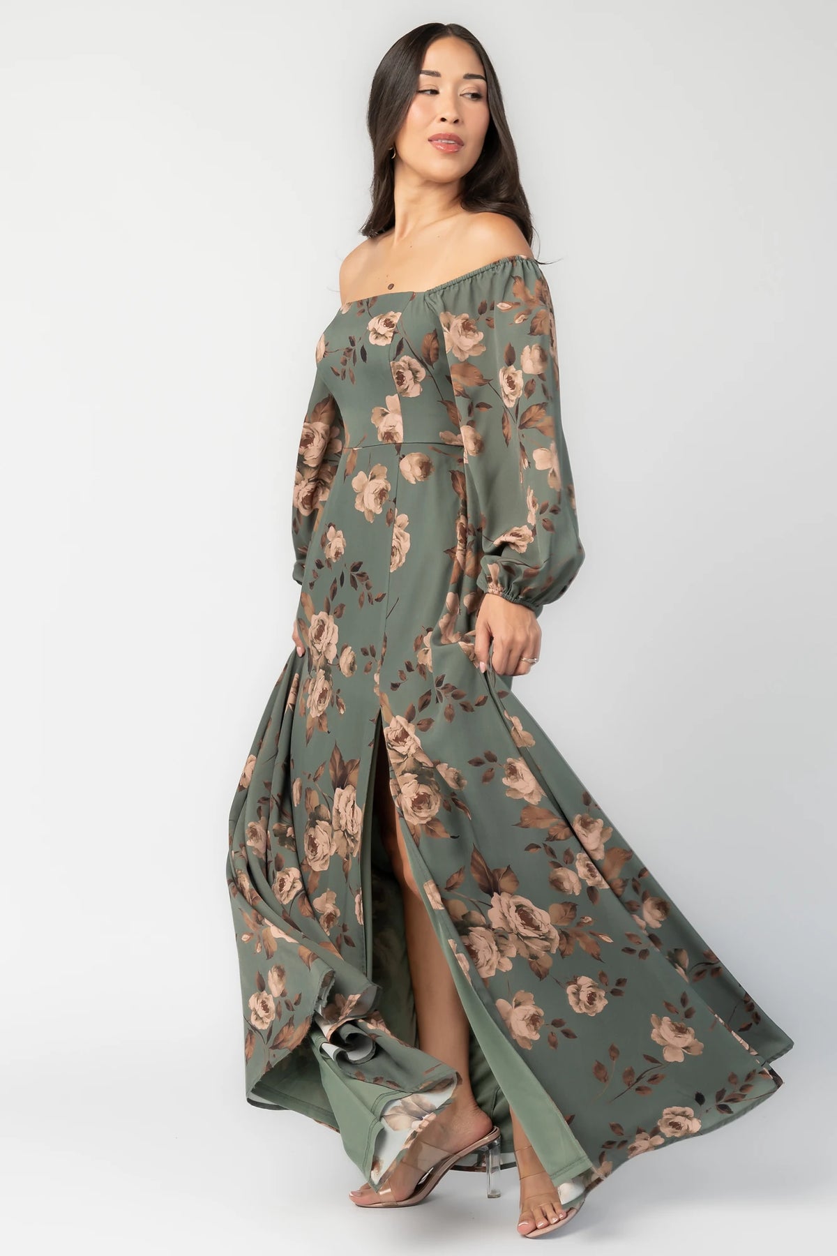 Cordelia Off Shoulder Maxi Dress in Dark Teal Floral with smocked back, long sleeves, and leg slit.