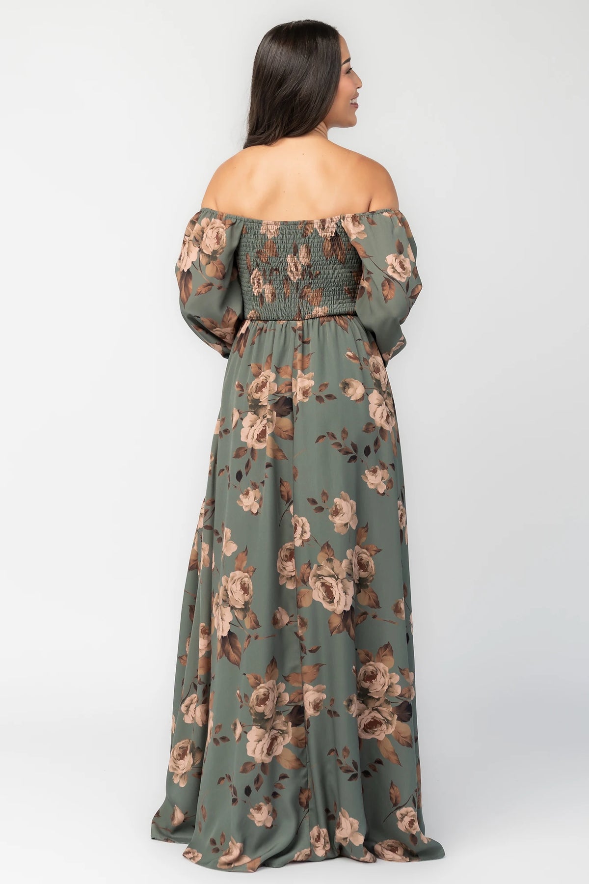 Cordelia Off Shoulder Maxi Dress in Dark Teal Floral with smocked back, long sleeves, and leg slit.