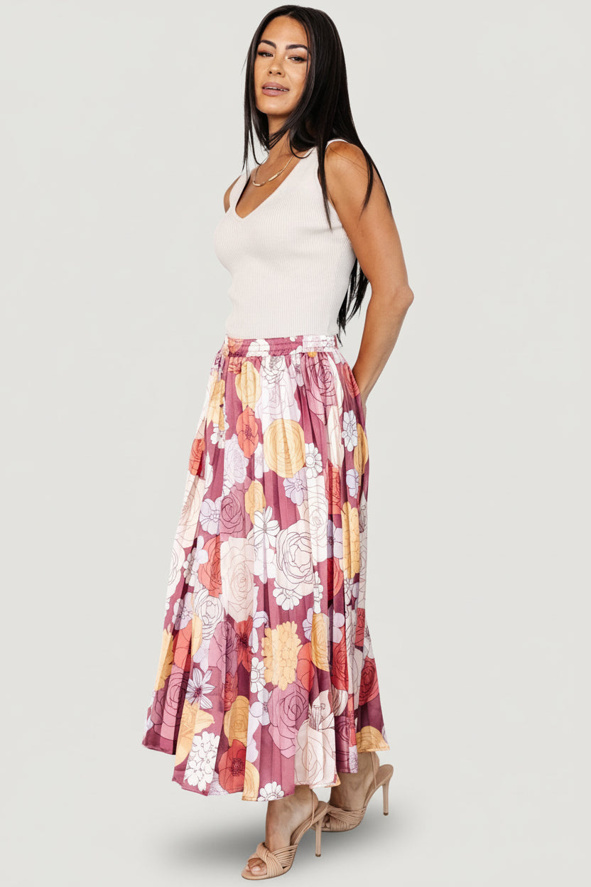 Cori Pleated Skirt | Deep Mauve Floral