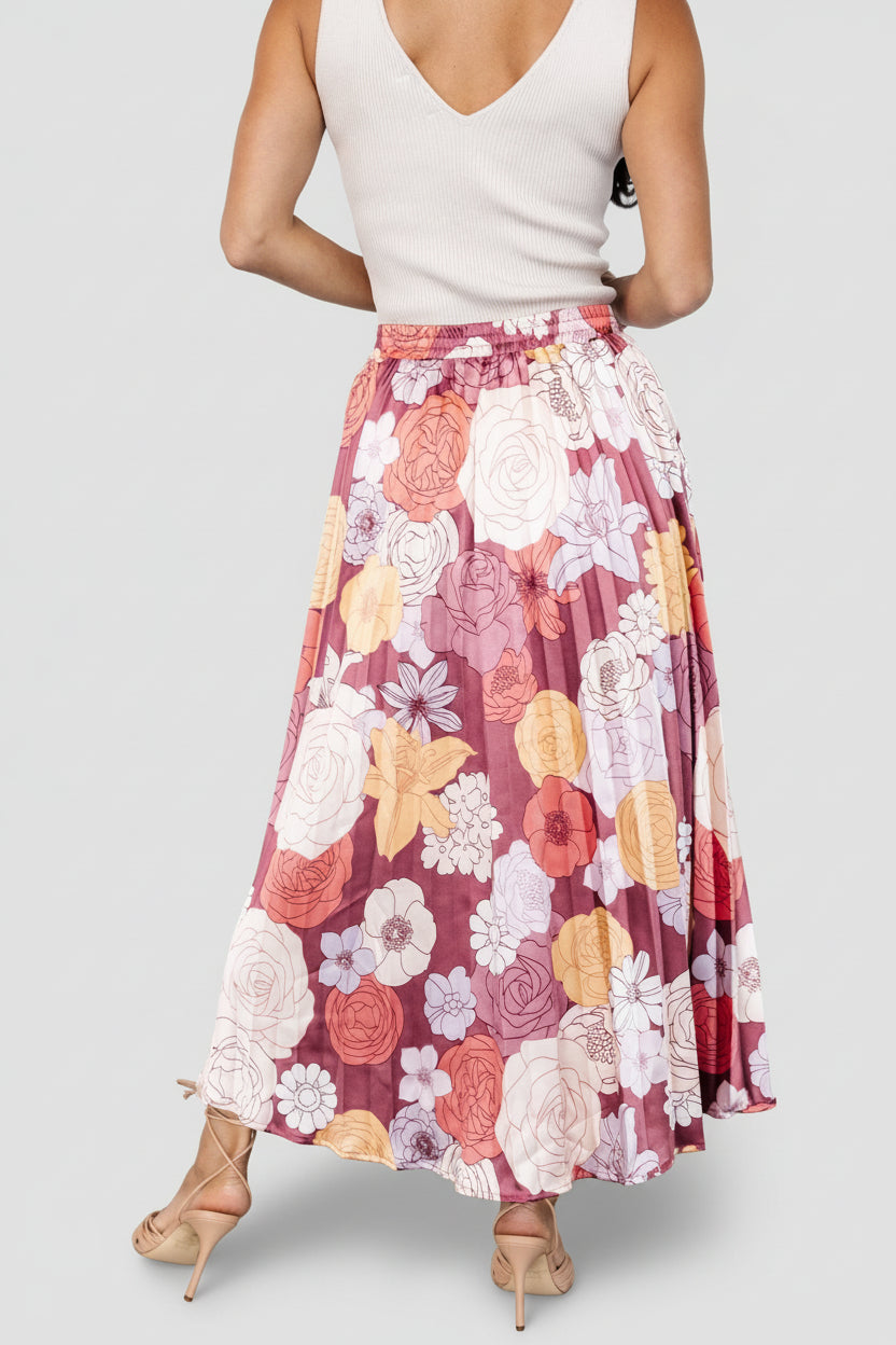 Cori Pleated Skirt | Deep Mauve Floral